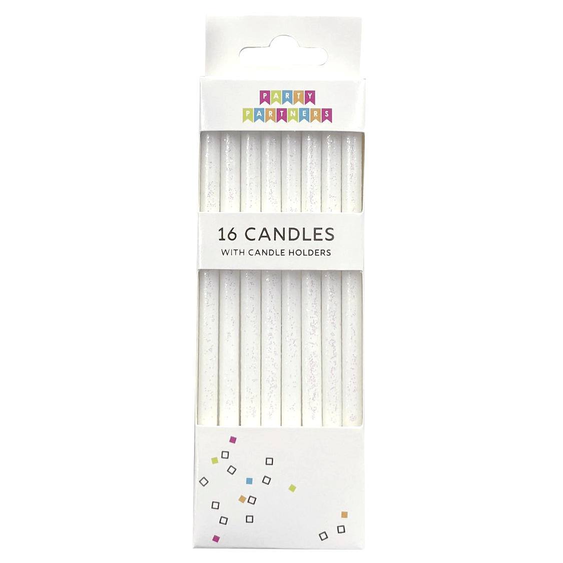 Tall white glitter candles from Party Partners candle set, featuring sleek white design with shimmering glitter finish.